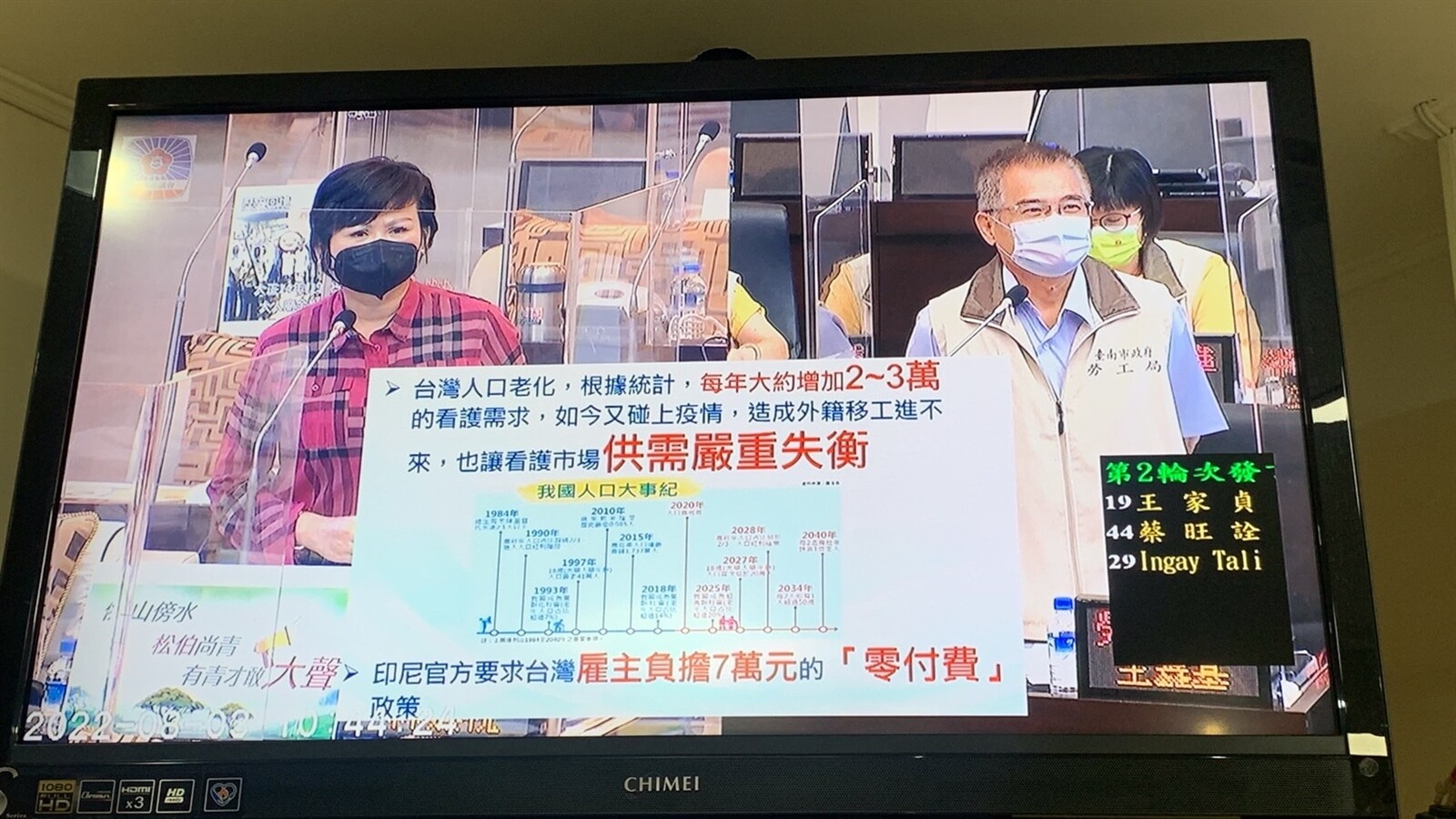 台南市議員林燕祝今天在議會質詢勞工局長王鑫基，指看護缺工嚴重，有仲介業者漫天喊價要求介入了解。記者吳淑玲／攝影 