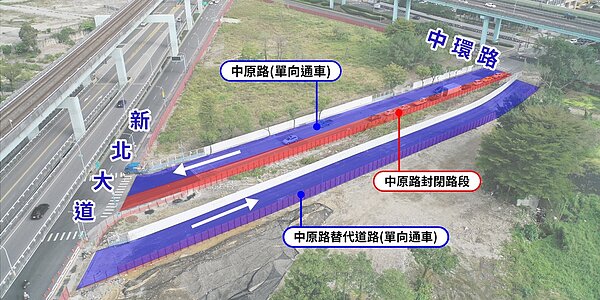 新莊區中原路由新北大道往中環路方向(往新莊)的車道,將於16日(下周一)封閉,同時間在該路段旁開通一條新闢的替代道路。圖/新北市政府提供