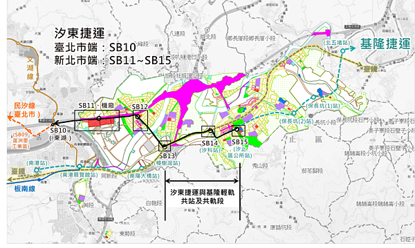 捷運汐止東湖線各場站位置及周邊都市計畫。圖/新北市城鄉局提供