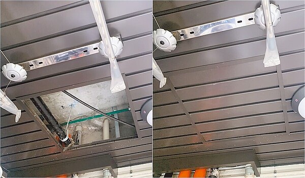 台北市多處社會住宅近年陸續點交,卻有不少民眾入住後反映工程紕漏。行善社宅陽台檢修門鬆脫,經住戶通報後已修復。(台北市都發局提供)