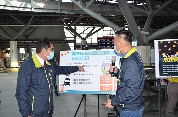 台南市長黃偉哲下午前往高鐵台南站視察,並聽取交通局簡報春節交通疏運情況。圖/台南市交通局提供