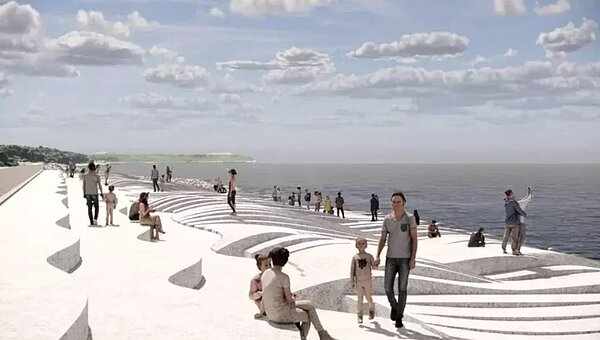 桃園新屋逐浪天梯則依循二級海岸防護計畫爭取水利署前瞻計畫全面修復,預計施作840公尺拋石護岸、100公尺天籟海堤及1公里消波塊禦潮設施。模擬圖。圖/環保局提供