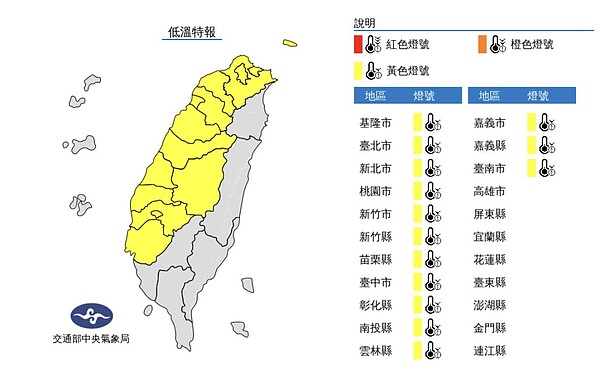 受輻射冷卻效應影響，氣象局表示，今(31日)晚至明(2月1日)清晨，各地氣溫明顯偏低，台南以北及南投有10度以下氣溫(黃色燈號)發生的機率。圖／氣象局提供