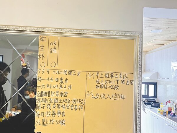 台南市警一分局破獲的詐騙集團，在藏身據點公布欄寫上「初一、十五吃素」、「每月做善事」等字，讓員警哭笑不得。（讀者提供／曹婷婷台南傳真）