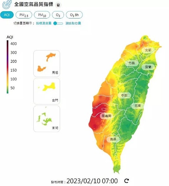 雲嘉南地區所有族群應減少在戶外活動，已發布紅色警示；北部、中部、高屏地區敏感族群應減少在戶外劇烈活動，為橘色提醒。圖／取自環保署空氣品質監測網
