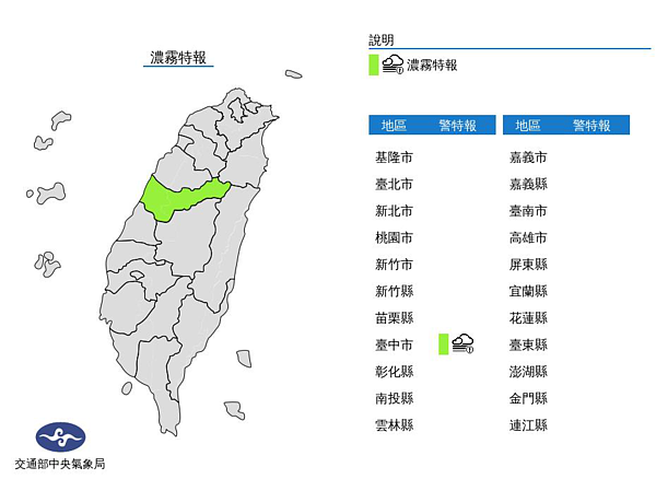 中央氣象局上午7時40分發布濃霧特報，今天西半部地區易有局部霧或低雲影響能見度，台中已出現能見度不足200公尺的現象，苗栗及台南能見度亦較低。圖／取自氣象局網站