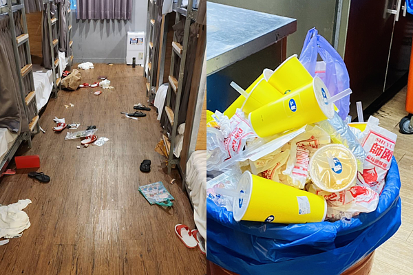 旅館控訴206名台大管院學生營隊住進旅館,卻不按照合約內容,除了在房間飲食還製造髒亂,甚至弄壞窗簾搞破壞、垃圾也不分類。 圖擷自粉專米尼旅店 miniinn