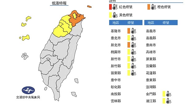 受到大陸冷氣團或強烈大陸冷氣團影響，氣象局表示，今天中部以北、東半部及金門、馬祖天氣偏冷，易有10度以下氣溫發生；今晨新北有10度以下氣溫（黃色燈號）發生的機率，傍晚起至15日基隆、新北有持續10度左右或以下氣溫（橙色燈號）發生的機率。圖／氣象局提供