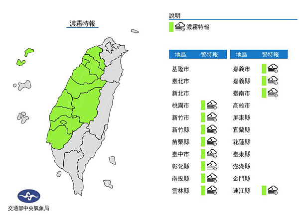 中央氣象局發布濃霧特報,今天西半部地區及金門、馬祖易有局部霧或低雲影響能見度,桃園至台南、南投及馬祖已出現能見度不足200公尺的現象,新北能見度亦較低。圖/取自氣象局網站