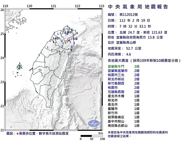 中央氣象局發布地震報告。圖／氣象局提供
