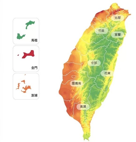 東北季風挾境外汙染物影響台灣，截至今晚10時止，全台有50處空品監測站亮「橘燈」。圖／截自環保署空品監測網
