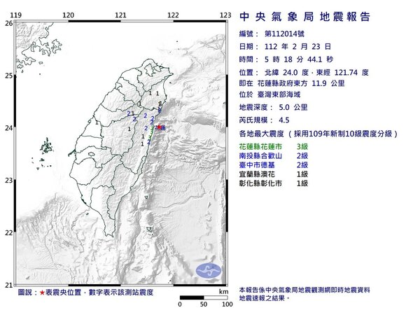 今天清晨5點18分東部地區發生芮氏規模4.5地震。圖／氣象局提供