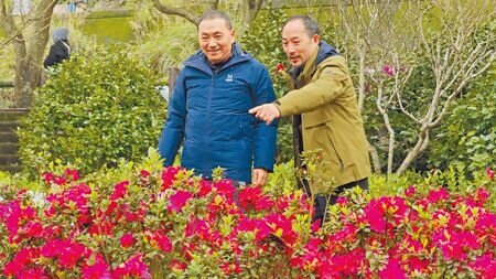 
萬金杜鵑移動花聚落策展總顧問凌宗湧（右），向新北市長侯友宜（左）介紹杜鵑花的品種。（呂健豪攝）
