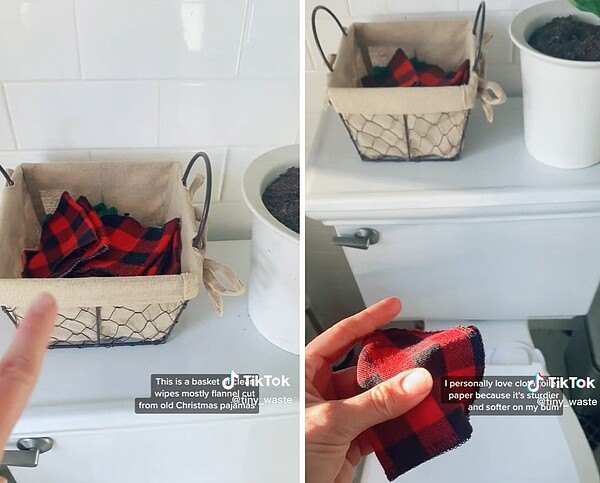 女子在影片中分享自己家中廁所的家庭布,引發網友批評。圖擷自TikTok