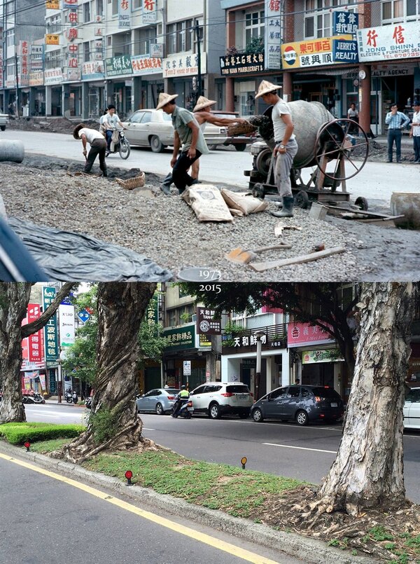 臺北市中山北路六段260號一帶之1973年（Roger Inman拍攝）與2015年（張哲生拍攝）之對照。（張哲生提供）