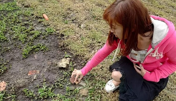 十四張歷史公園草地有尖銳突起物及磚塊，讓家長相當擔心。圖／議員陳乃瑜提供
