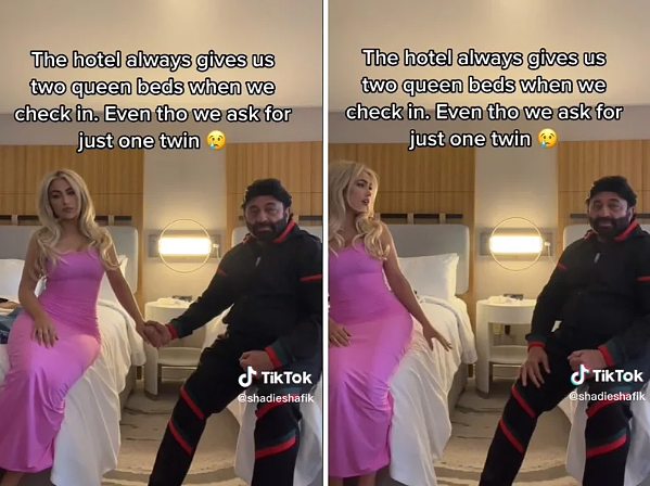 女子說即使他們已經跟飯店要求雙人床,卻還是被給了有兩張單人床的房間。圖擷自TikTok