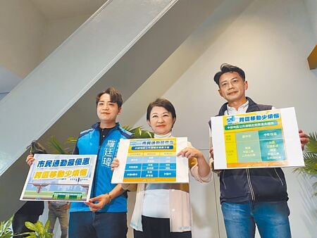 
台中市長盧秀燕（中）10日宣布台中的通勤月票方案。（張亦惠攝）
