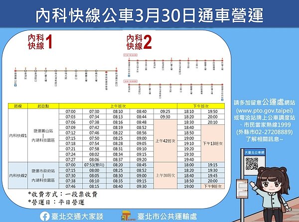 3月30日起,配合內科平日彈性上下班時間,將新闢2線直達內科之快速公車路線。圖/新北市政府提供