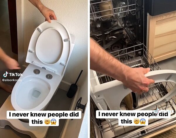 網紅將馬桶座拆下放進洗碗機,讓所有網友看了都說好噁心。圖/擷自TikTok