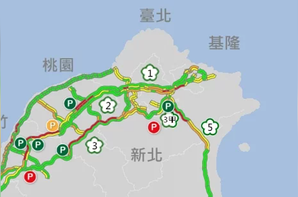 今天上午國道北、中、南地區皆出現旅遊及掃墓車潮。圖／取自高公局1968即時路況