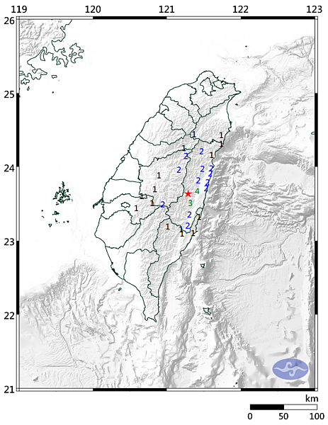 相隔不到1分鐘,花蓮縣萬榮鄉再次出現地震。圖/取自中央氣象局