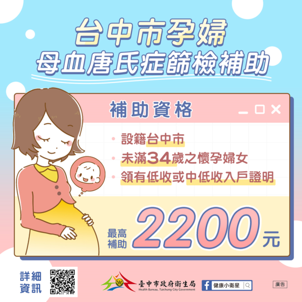 為守護母胎健康，台中市政府衛生局提供孕婦母血唐氏症篩檢補助。圖／台中市政府提供