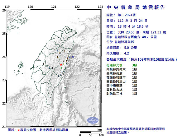 花蓮於今(24)日晚間6點04分發生芮氏規模4.2地震。圖/氣象局提供