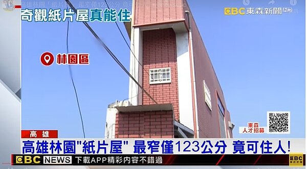 高雄林園「紙片屋」最窄僅1公尺。圖／東森新聞