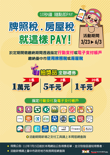 即日起行動支付繳中市牌照稅、房屋稅,萬元禮券等你抽。圖/中市府提供