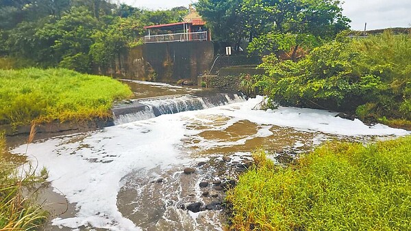 淡水區大屯溪上游26日疑遭排放大量清潔劑,造成整個溪床滿是泡沫,當地居民痛批灌溉和飲用水都從溪中取用,且當地生態豐富,如今卻遭人排放廢水,「實在是令人氣憤」。(民眾提供/黃敬文新北傳真)
