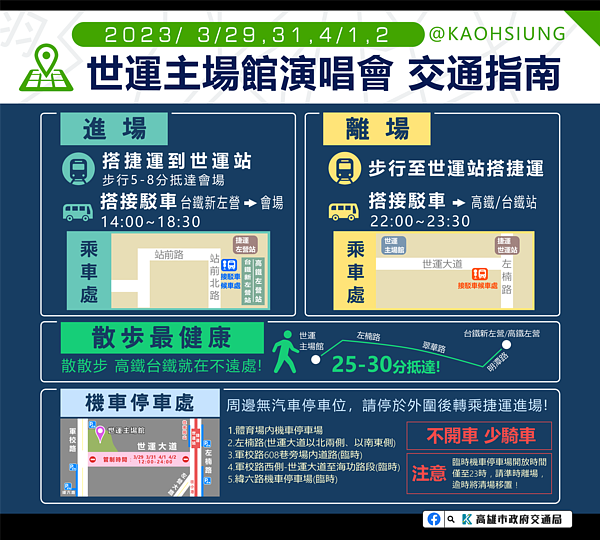 五月天高雄世運演唱會明起開唱，高雄市府祭出一連串交管、疏運措施。圖／高雄市交通局提供