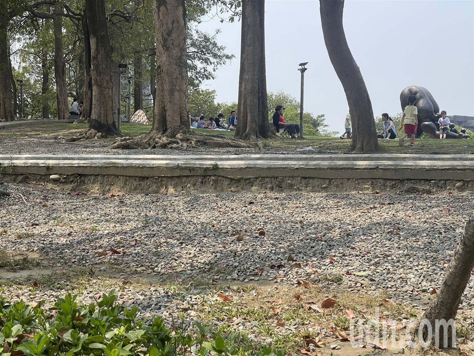 家長指出，台中豐樂公園維護不周，原有草地的部分，光禿僅剩黃土，甚至土壤流失，裸露出人行道地基等，產生逾30公分落差。記者劉柏均／攝影 