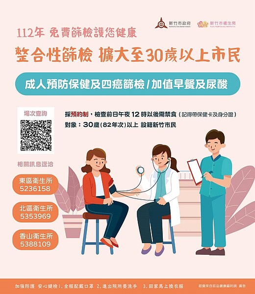 30歲以上限定!竹市擴大免費健檢 新竹市再擴大提供30歲以上民眾相同的健檢服務。圖/衛生局提供