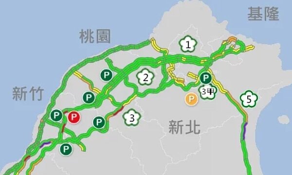 國5北向宜蘭至頭城、國3北向香山至茄苳段出現「紫爆」,時速僅剩10多公里。圖/取自高公局1968網站