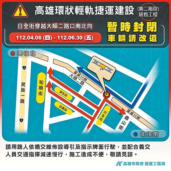 高雄市捷運局預計於今日開始,封閉三民區日全街/大順二路路口,期程直到6月30日。(高市交通局提供/洪靖宜高雄傳真)
