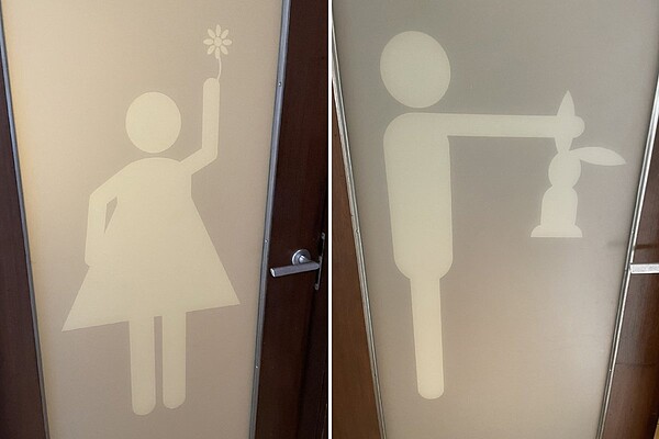 網友到泰國發現廁所的標誌相當特別,第一眼很難辨識出男女廁。圖/取自Twitter@KatteniThailand