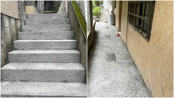 完成污水接管後,衛工處以洗石子工法為興隆山莊階梯完成復舊、美化後巷環境。圖/衛工處提供