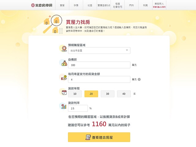 只要在永慶的「買屋力找房」網站上輸入自己的購屋區域、自備款、每月還款金額資料，就能輕鬆找出自己能夠負擔的房屋！
