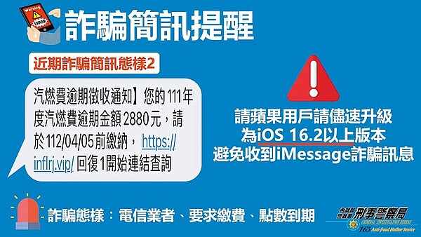 警方發現，詐騙集團利用iMessage傳遞假冒汽燃費的詐騙簡訊，提醒民眾更新iOS系統。（翻攝照片／林郁平台北傳真）