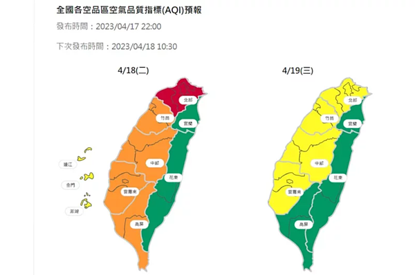 環保署表示，今天中南部空氣品質多為橘色提醒等級，主要汙染物為PM2.5，短時間會亮紅燈，空氣品質不良持續至18日。圖／擷自環保署空氣品質監測網