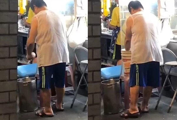 高雄忠孝夜市的豆花店老闆被拍到把客人用過的塑膠杯,放到水桶清洗後,用抹布擦乾,再重複使用。圖/翻攝記者爆料網