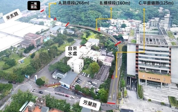 台北市第二殯儀館新闢聯外道路示意圖。圖／北市交通局提供
