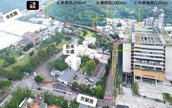 台北市第二殯儀館新闢聯外道路示意圖。圖/北市交通局提供