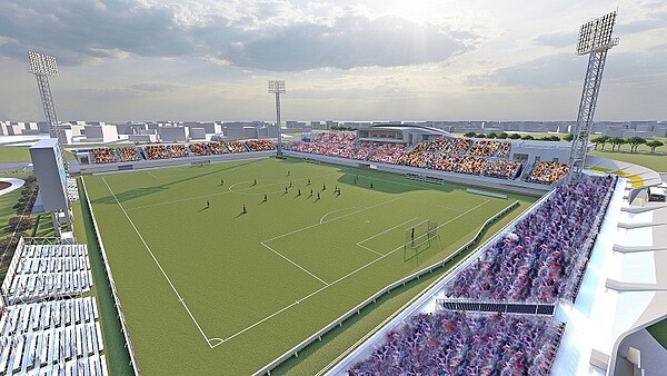 台中足球休閒運動園區為地上4層、地下1層主體建物,完工後可提供6千席觀眾席,今舉行動工典禮,預計2025年完工。模擬圖/台中市政府提供