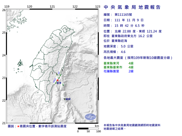台東於11月9日下午3時42分發生芮氏規模4.6地震。圖／氣象局提供