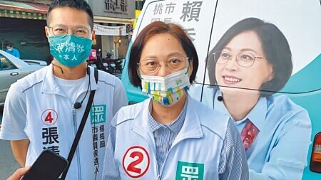 民眾黨桃園市長候選人賴香伶(右)9日指出,民進黨桃園市長候選人鄭運鵬又缺席立院質詢,本業沒顧好,還與行政院長蘇貞昌、桃園市長鄭文燦合體出席動土典禮,以公務之名行輔選之實太不應該。(蔡明攝)