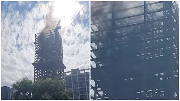 新莊區副都心重劃區內某棟大樓突然起火。圖／翻攝自臉書社團《愛新莊我是新莊人》