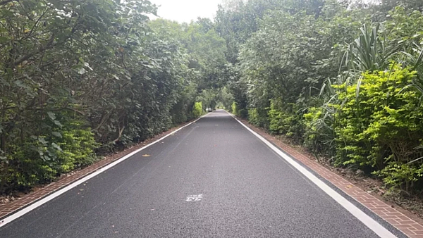 桃園新屋綠色隧道路面破損,公所運用回收的廢輪胎,摻入瀝青原油後與熱料拌合,利用橡膠瀝青混凝土材料重新鋪設,讓路面具減振、抗磨、抗噪的特性。圖/新屋區所提供