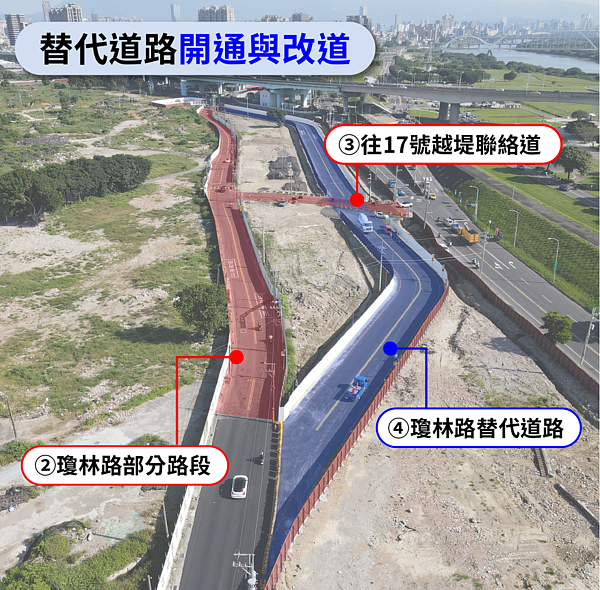 11月29日開放替代道路,同時封閉瓊林路部分路段及往17號越堤道的聯絡道。新北市政府地政局提供